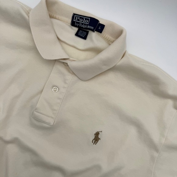 Polo Ralph Lauren Mens Large Cream Pima Cotton Short Sleeve Pony Logo Polo Shirt - Picture 2 of 4